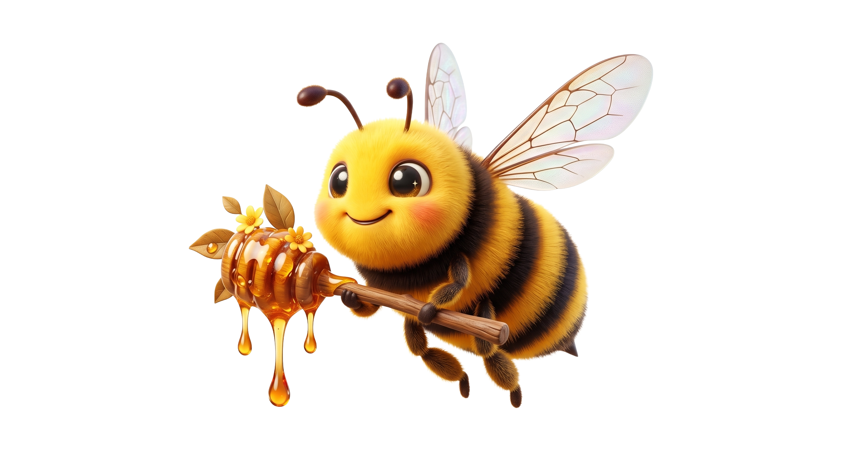 Friendly bee holding a honey dipper with golden drips